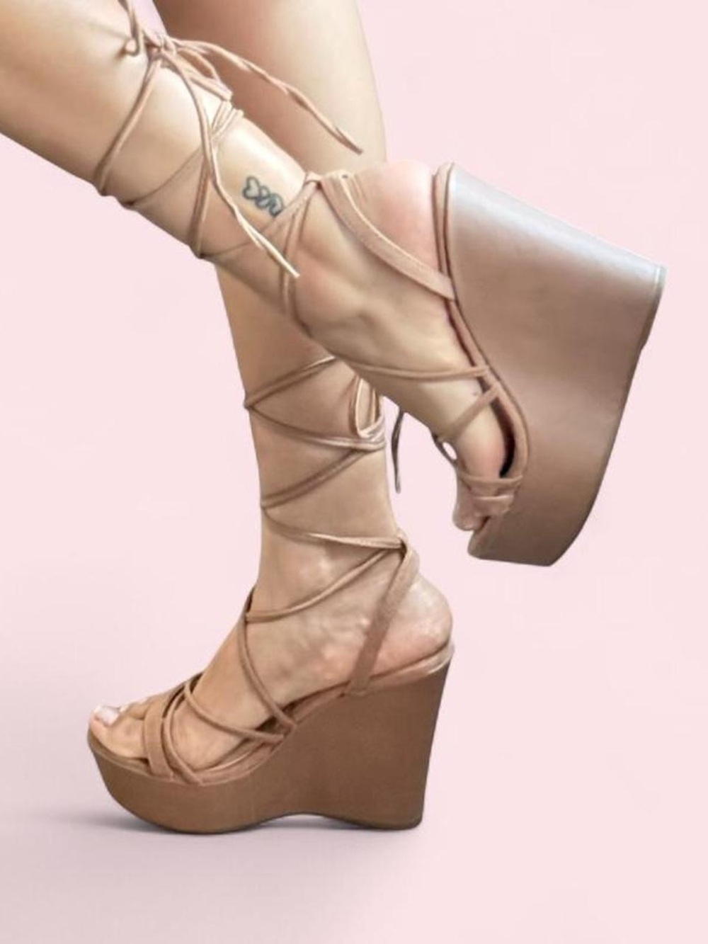 Lace-Up Platform Wedge Sandals in Nude